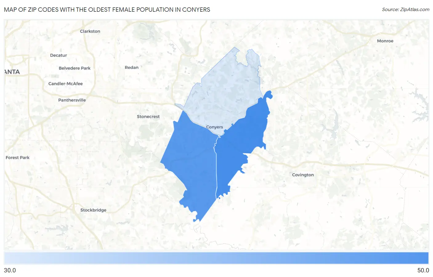 Zip Codes with the Oldest Female Population in Conyers Map