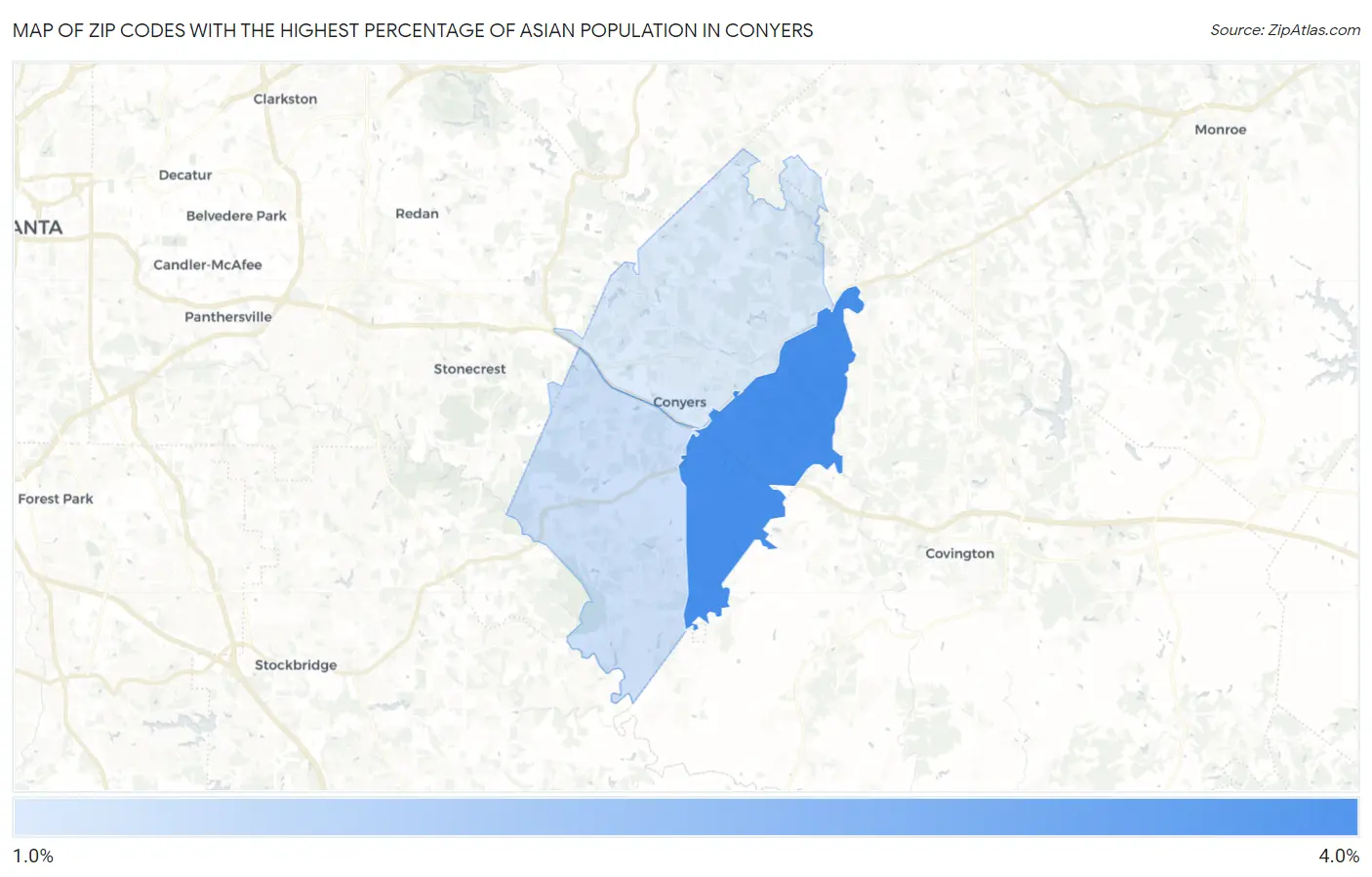 Zip Codes with the Highest Percentage of Asian Population in Conyers Map