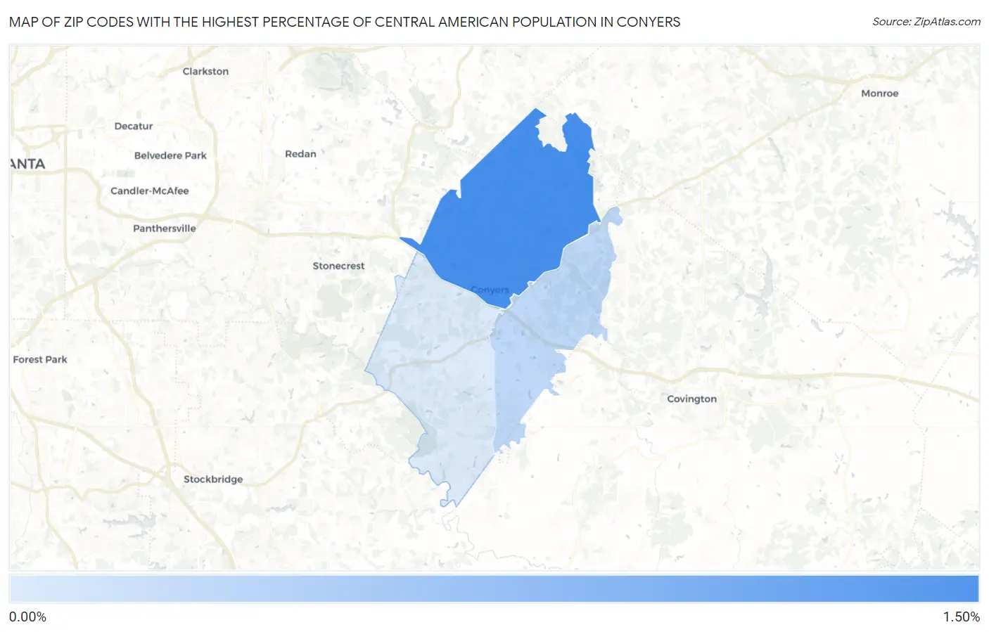 Zip Codes with the Highest Percentage of Central American Population in Conyers Map