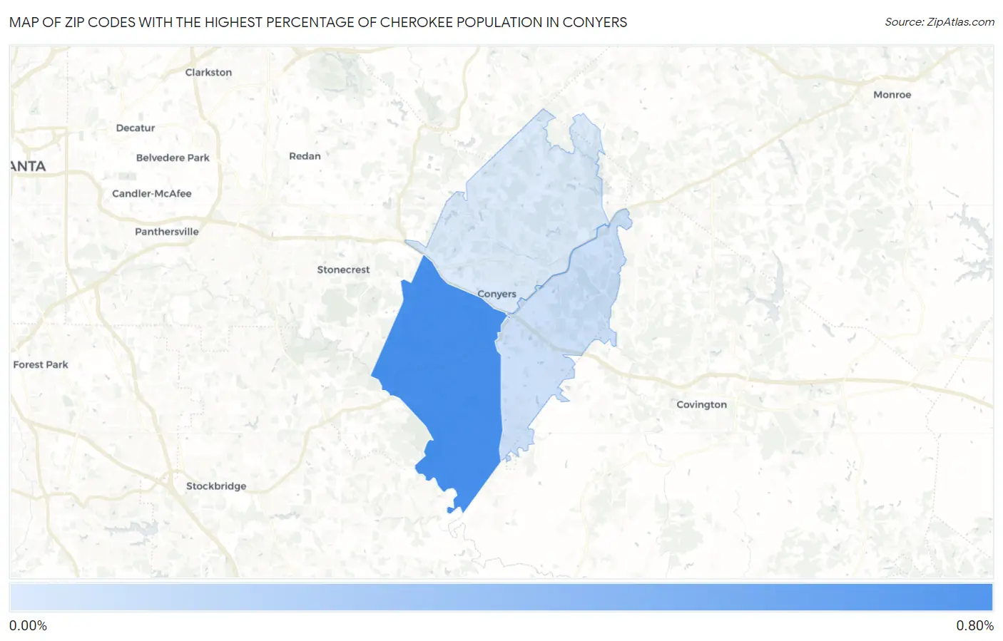 Zip Codes with the Highest Percentage of Cherokee Population in Conyers Map