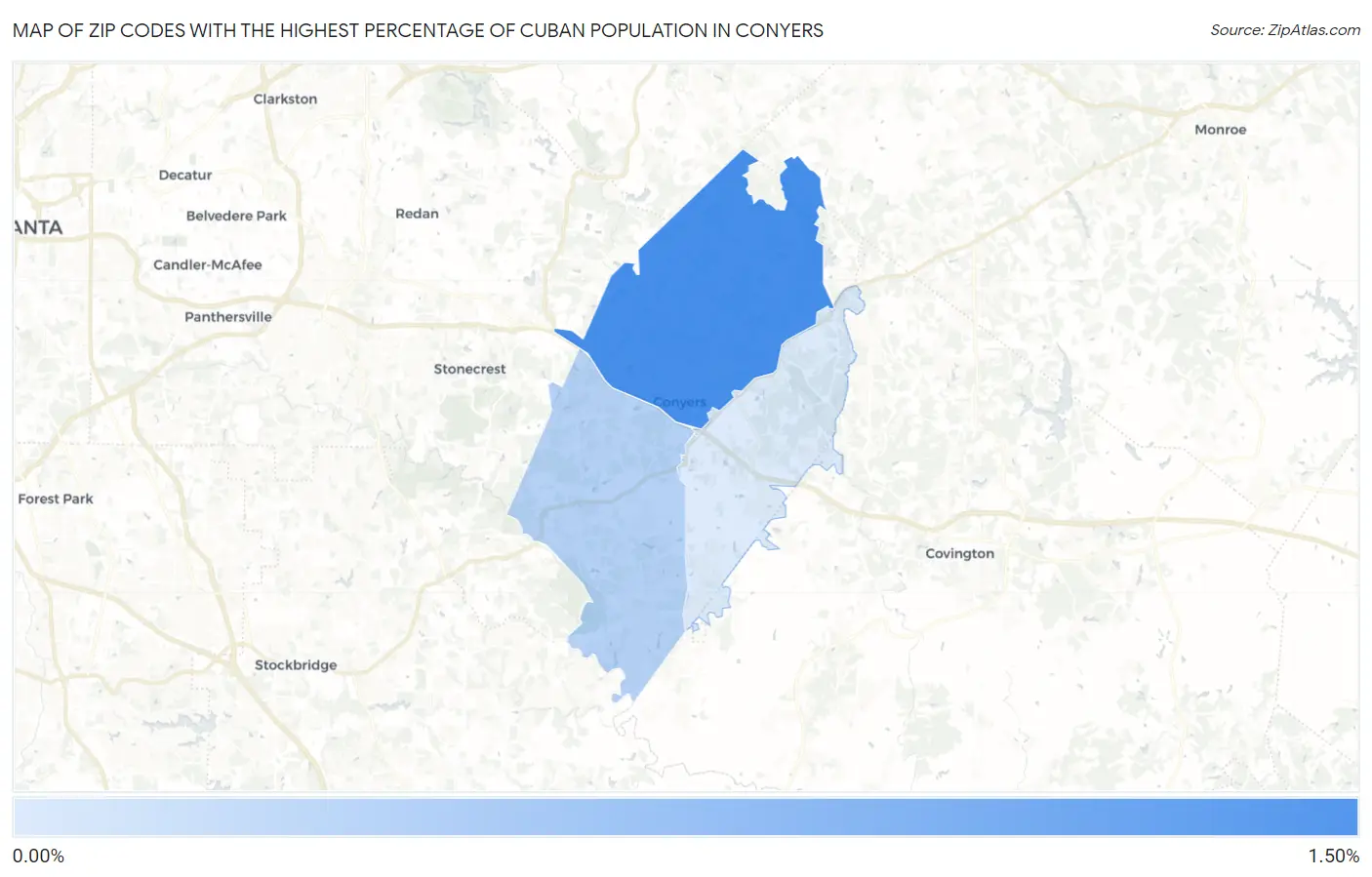 Zip Codes with the Highest Percentage of Cuban Population in Conyers Map