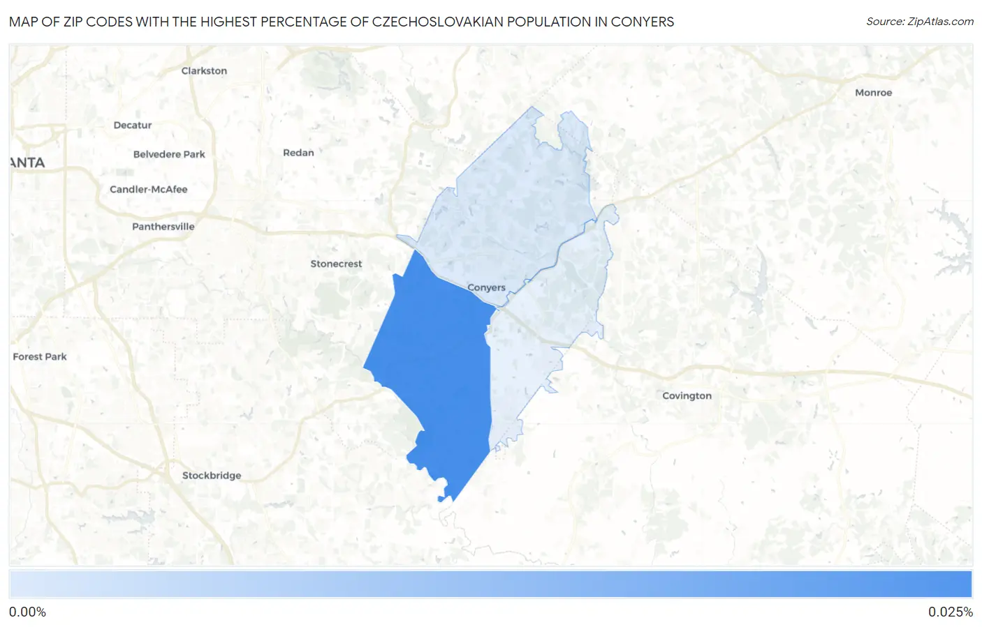 Zip Codes with the Highest Percentage of Czechoslovakian Population in Conyers Map