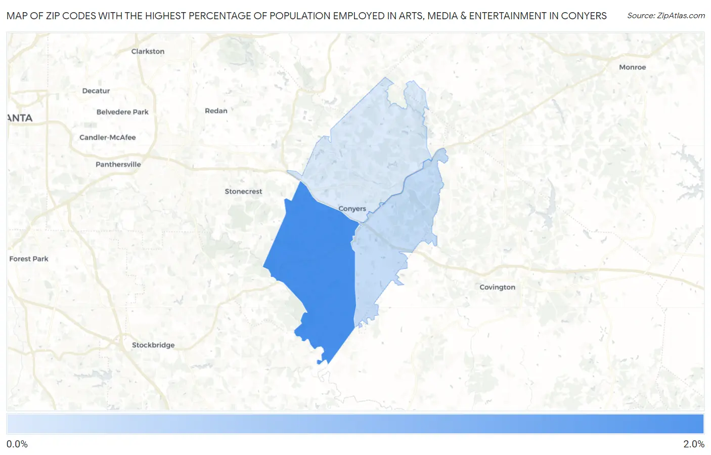 Zip Codes with the Highest Percentage of Population Employed in Arts, Media & Entertainment in Conyers Map