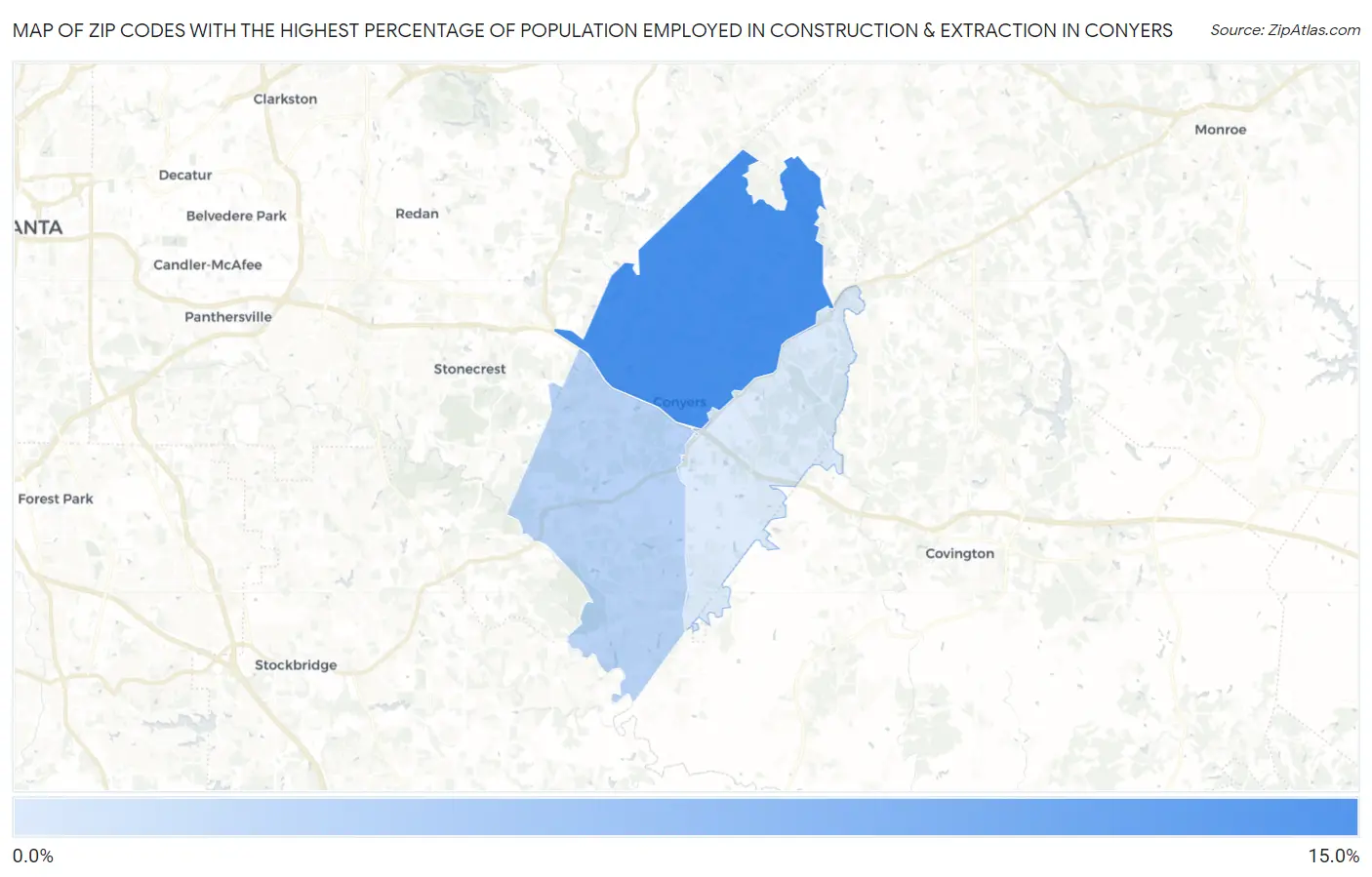 Zip Codes with the Highest Percentage of Population Employed in Construction & Extraction in Conyers Map