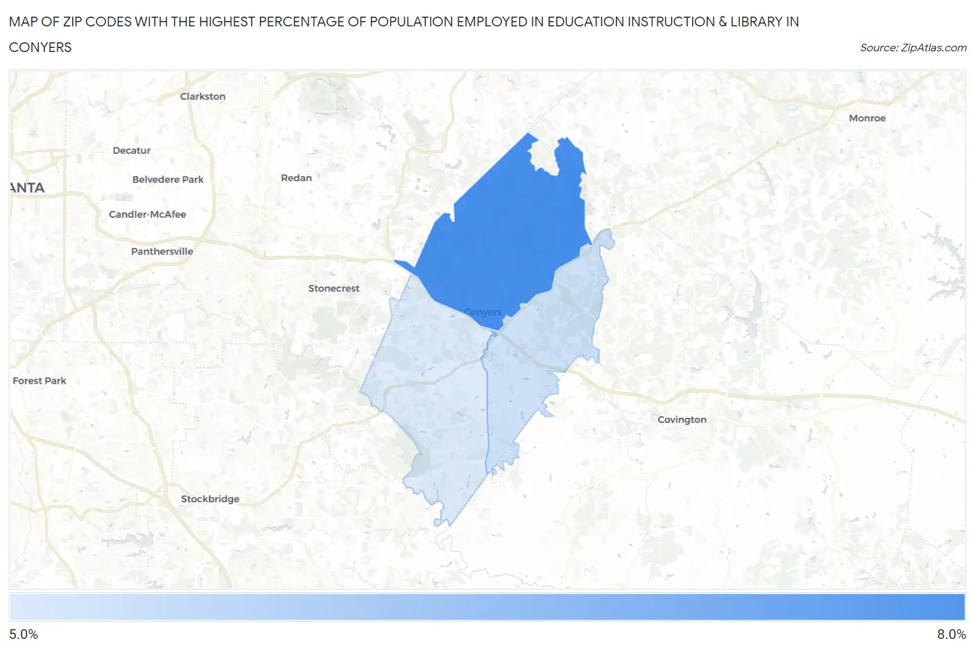 Zip Codes with the Highest Percentage of Population Employed in Education Instruction & Library in Conyers Map