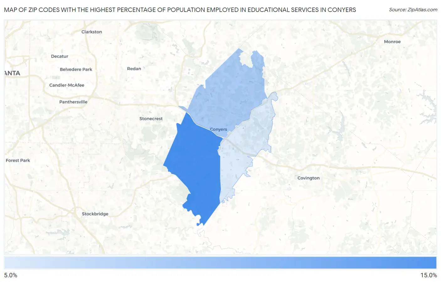 Zip Codes with the Highest Percentage of Population Employed in Educational Services in Conyers Map