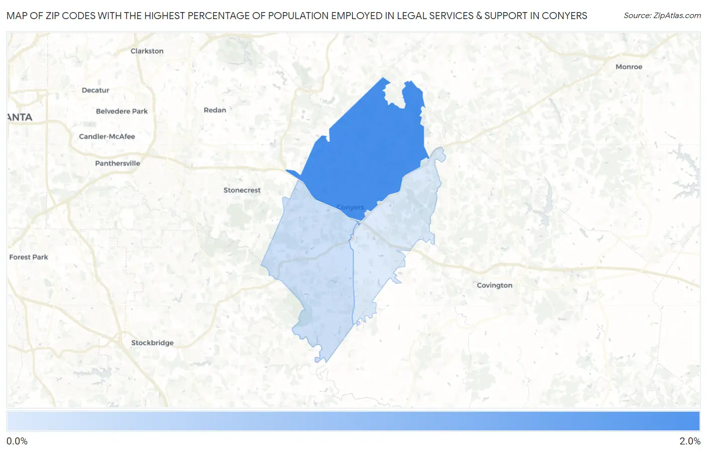 Zip Codes with the Highest Percentage of Population Employed in Legal Services & Support in Conyers Map