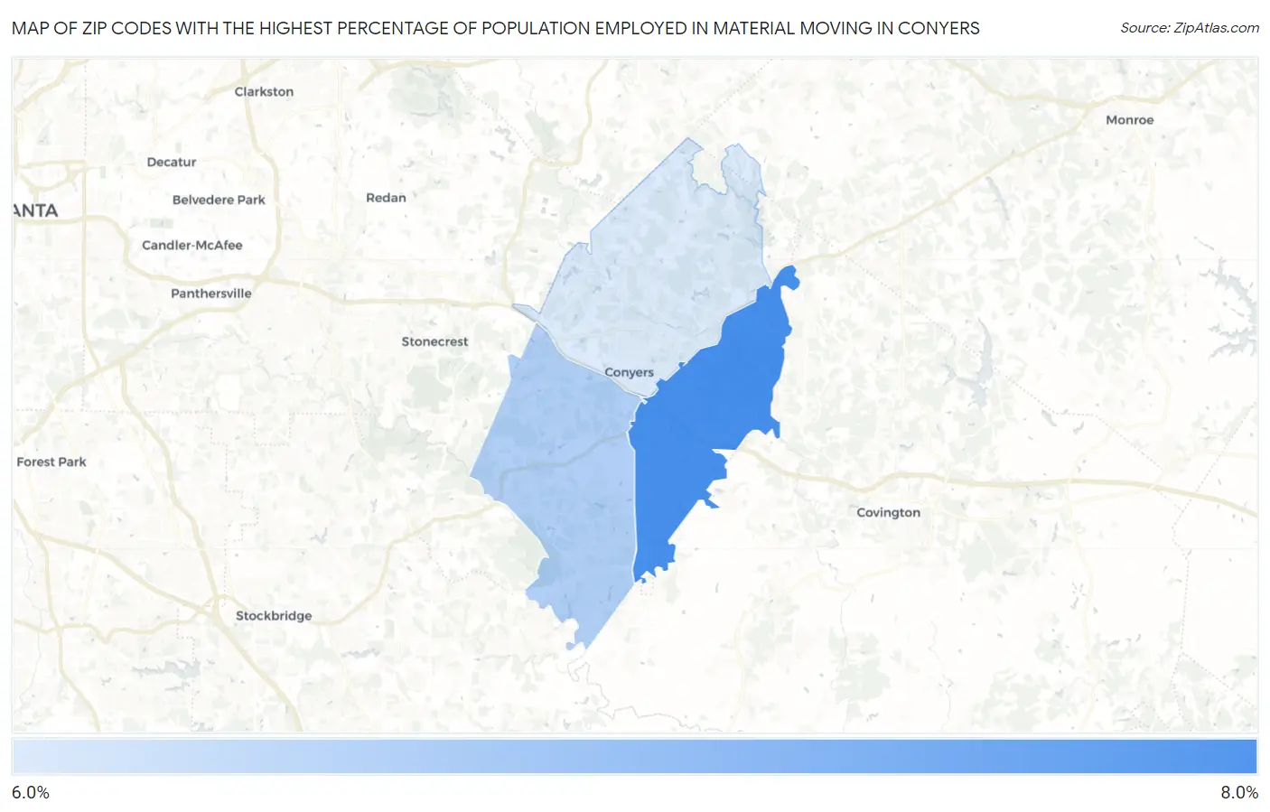 Zip Codes with the Highest Percentage of Population Employed in Material Moving in Conyers Map