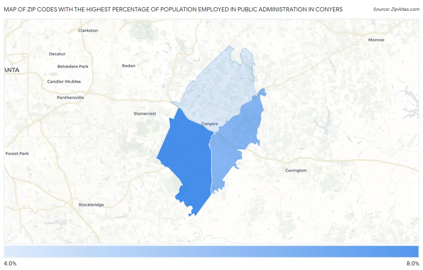 Zip Codes with the Highest Percentage of Population Employed in Public Administration in Conyers Map