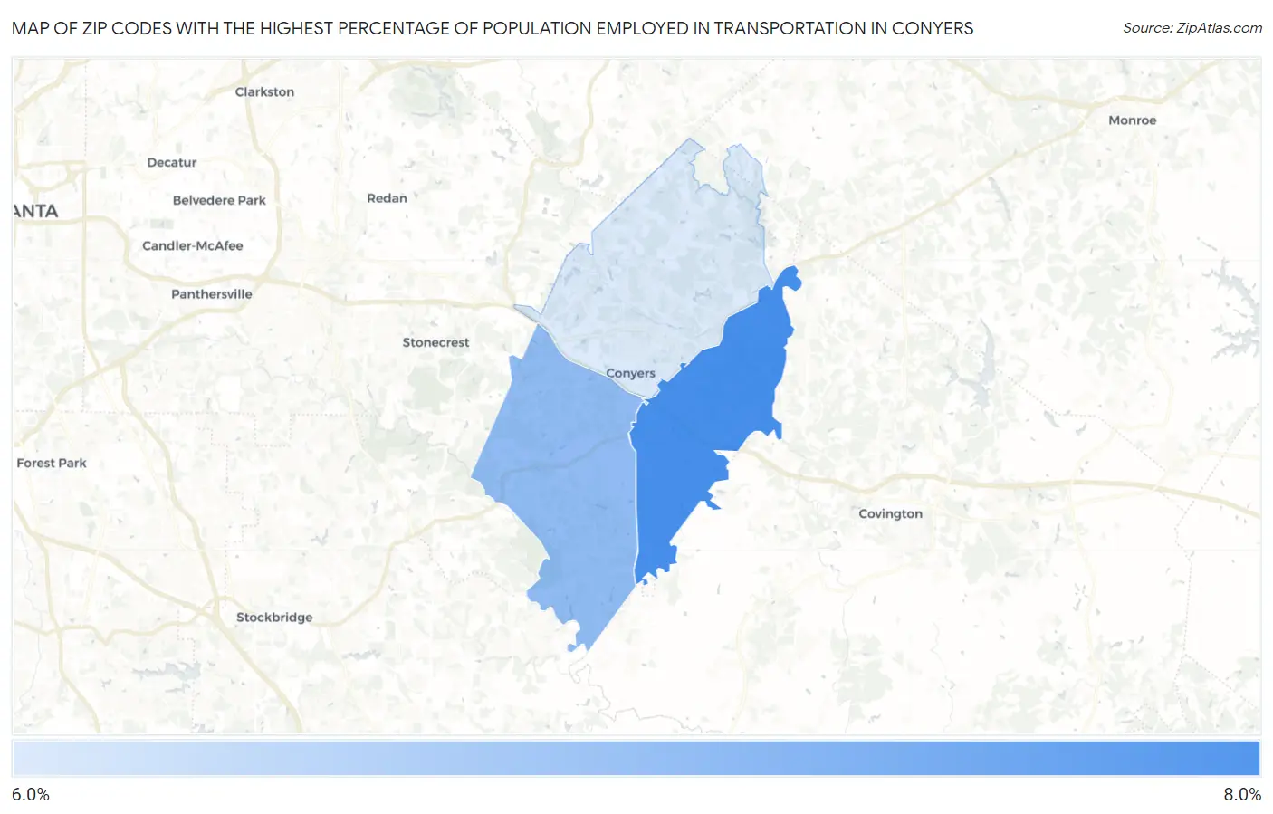 Zip Codes with the Highest Percentage of Population Employed in Transportation in Conyers Map
