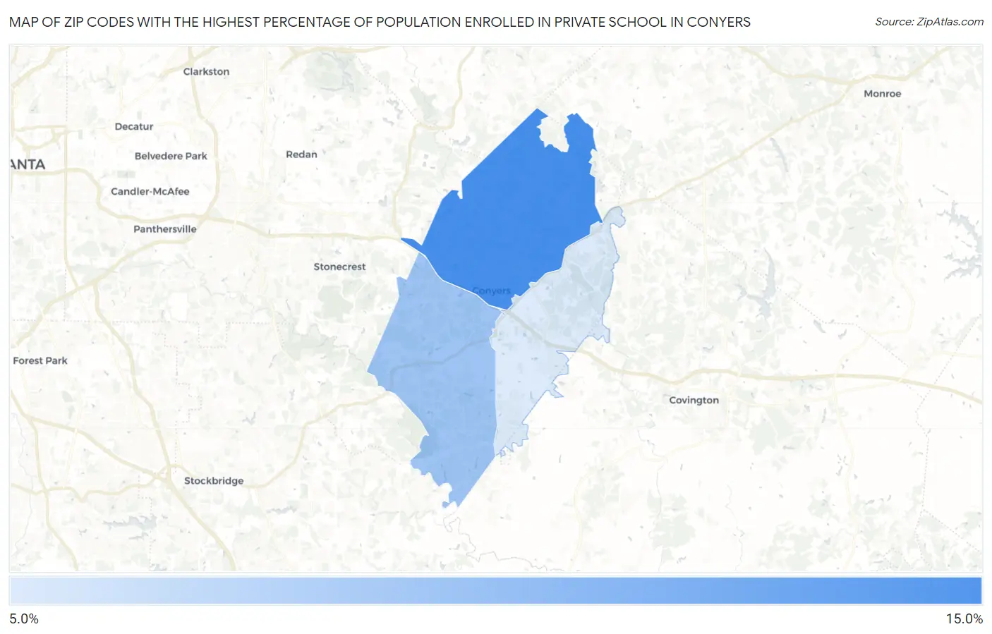 Zip Codes with the Highest Percentage of Population Enrolled in Private School in Conyers Map