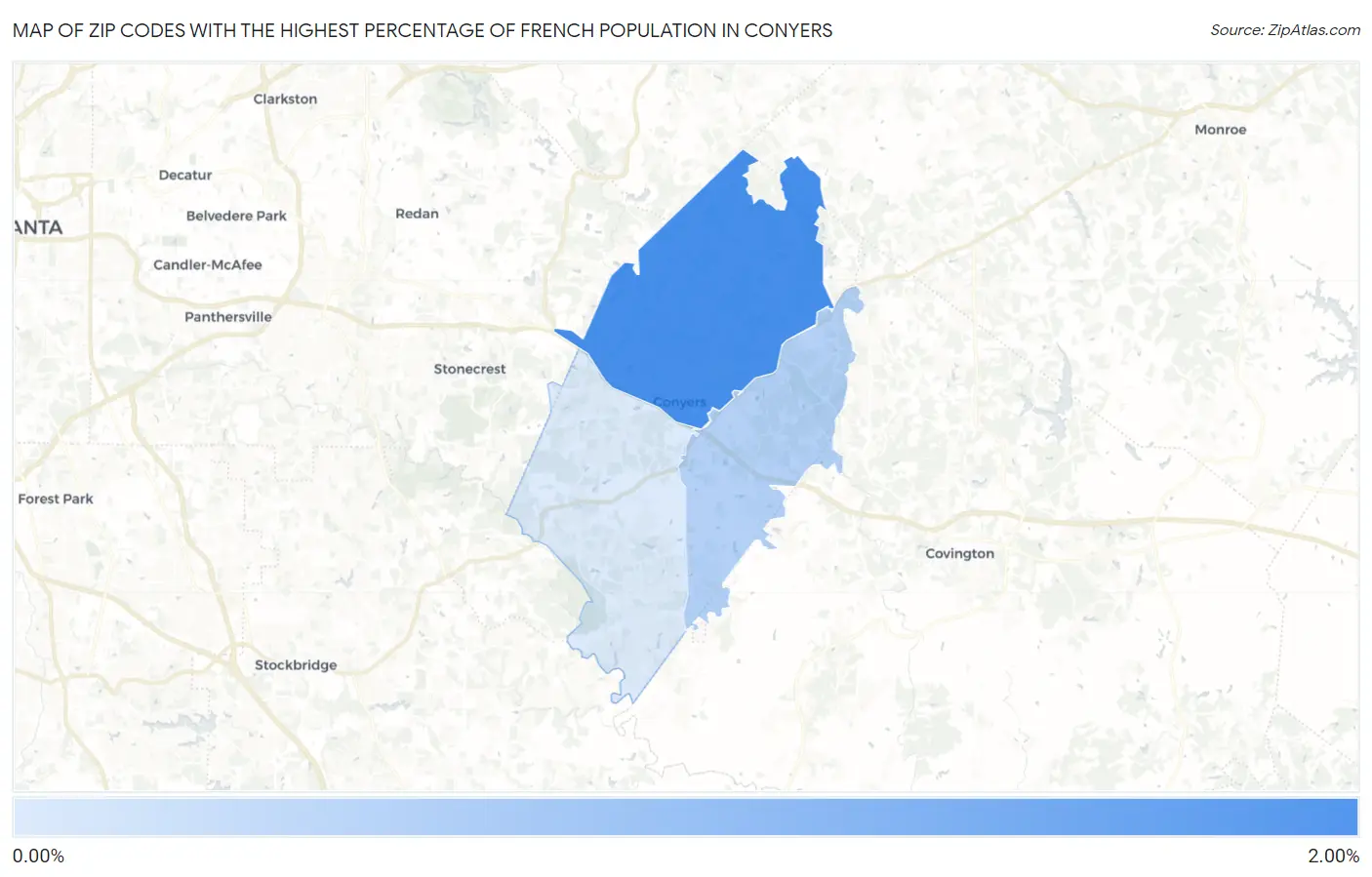 Zip Codes with the Highest Percentage of French Population in Conyers Map