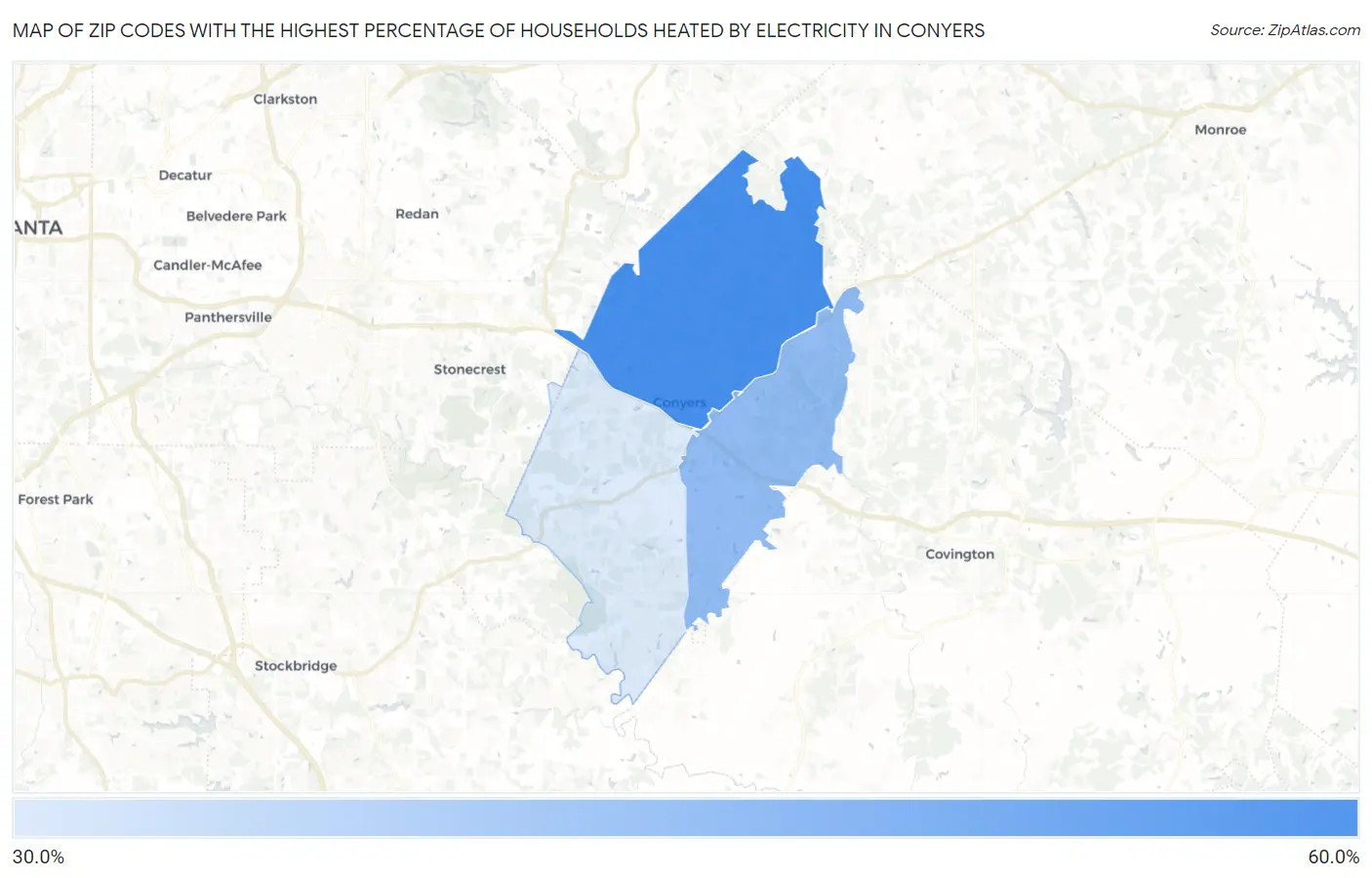 Zip Codes with the Highest Percentage of Households Heated by Electricity in Conyers Map