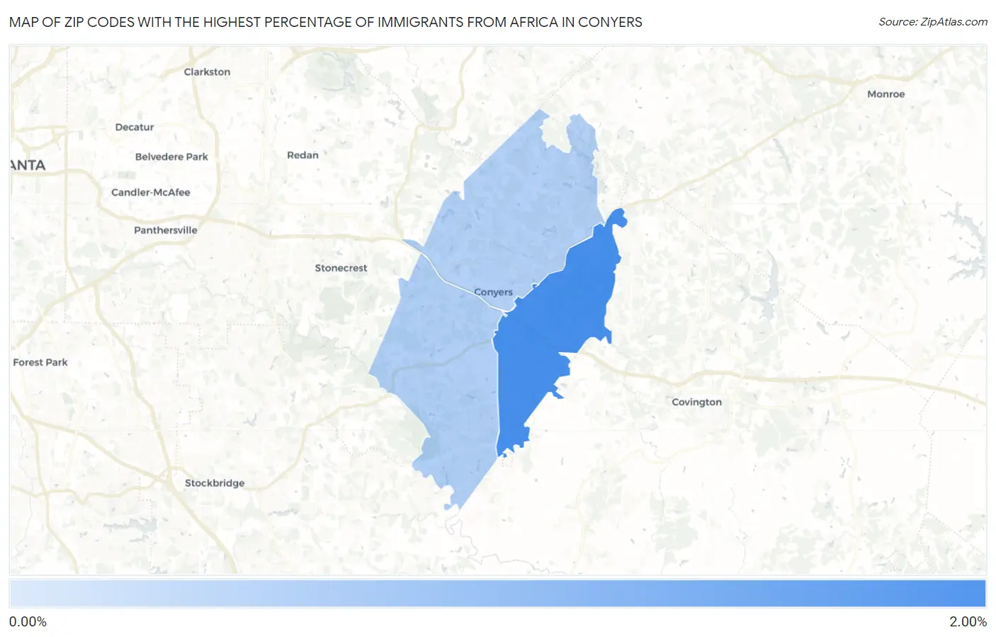 Zip Codes with the Highest Percentage of Immigrants from Africa in Conyers Map