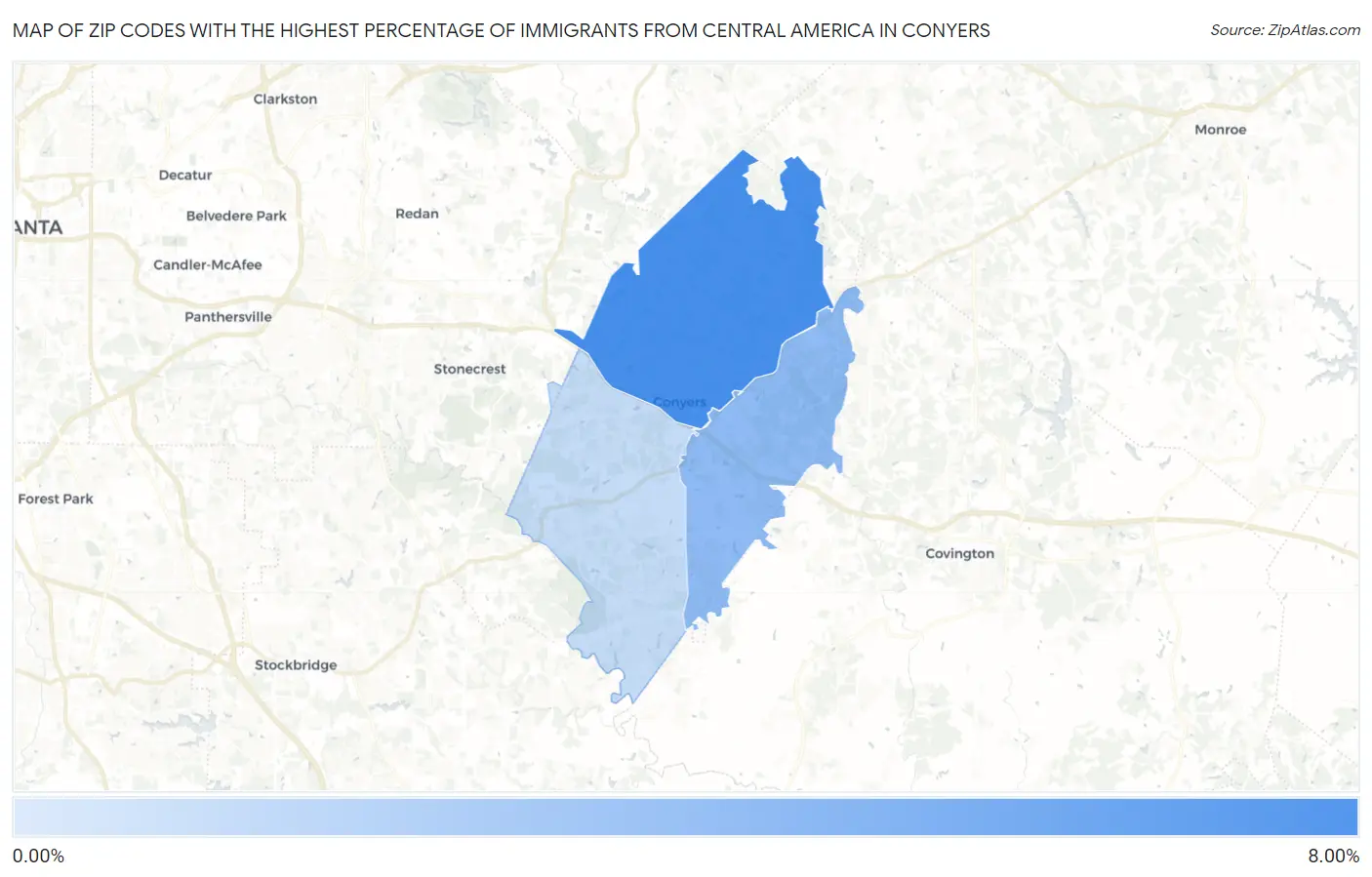Zip Codes with the Highest Percentage of Immigrants from Central America in Conyers Map