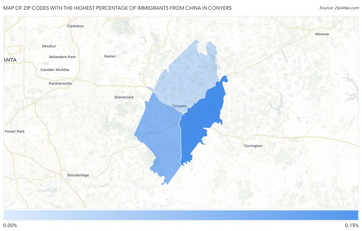 Zip Codes with the Highest Percentage of Immigrants from China in Conyers Map