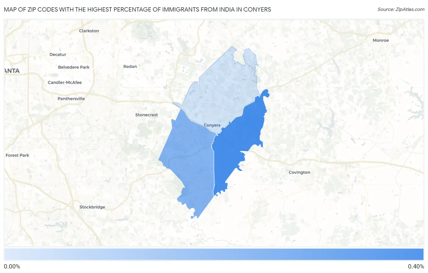 Zip Codes with the Highest Percentage of Immigrants from India in Conyers Map