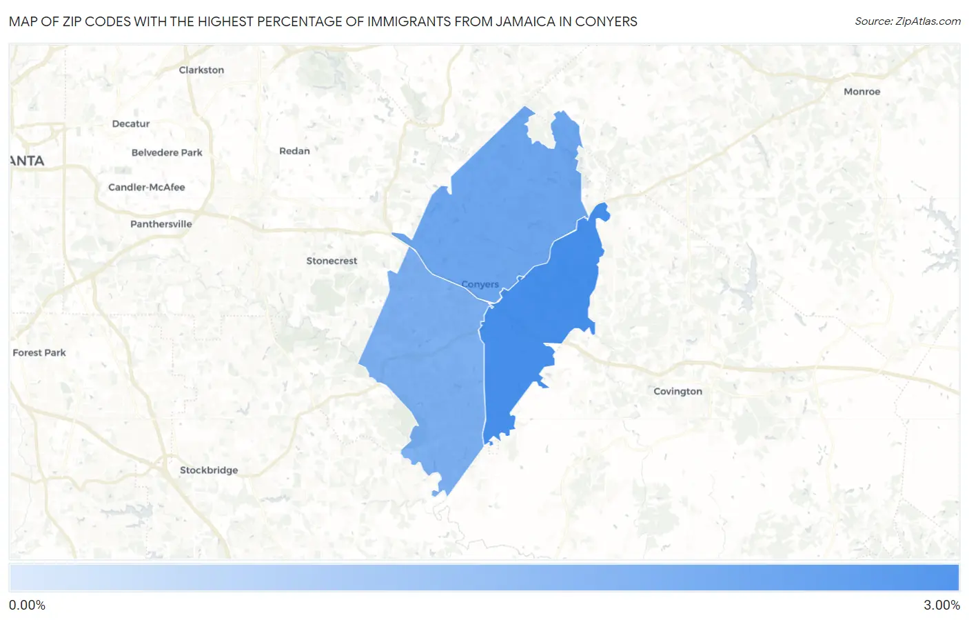 Zip Codes with the Highest Percentage of Immigrants from Jamaica in Conyers Map