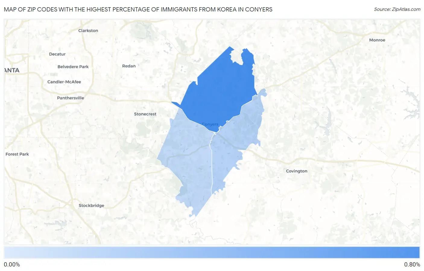 Zip Codes with the Highest Percentage of Immigrants from Korea in Conyers Map