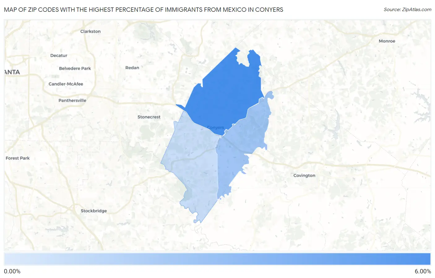 Zip Codes with the Highest Percentage of Immigrants from Mexico in Conyers Map