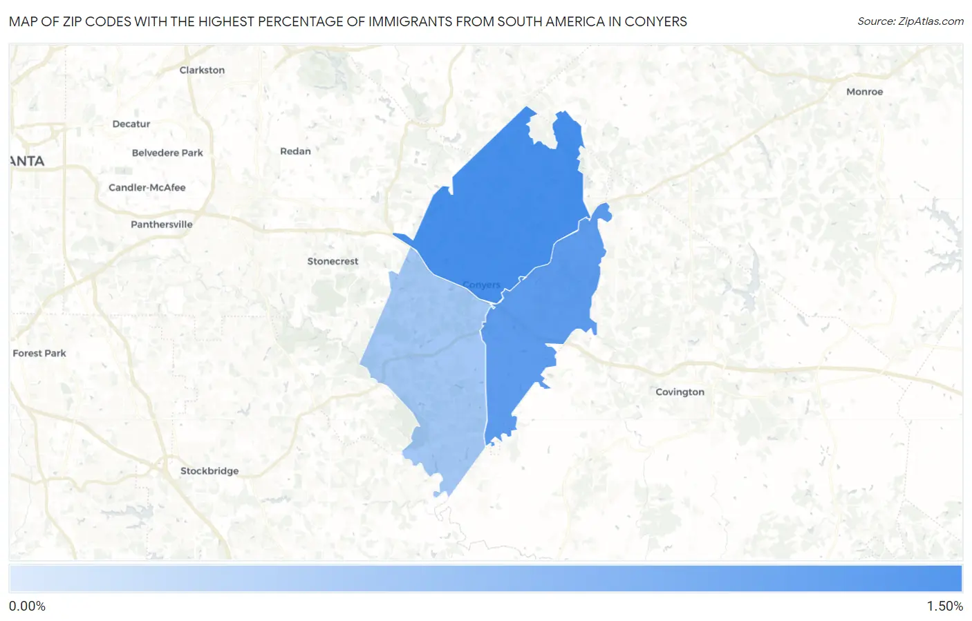 Zip Codes with the Highest Percentage of Immigrants from South America in Conyers Map