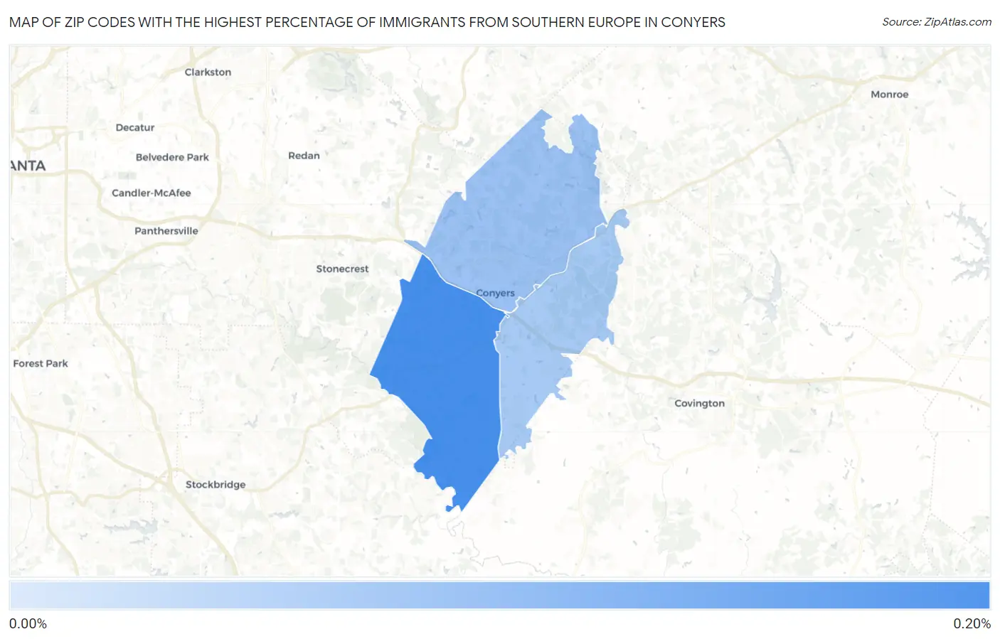 Zip Codes with the Highest Percentage of Immigrants from Southern Europe in Conyers Map