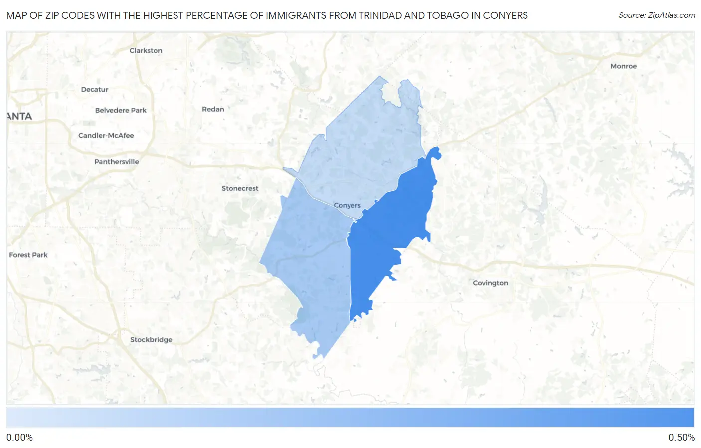 Zip Codes with the Highest Percentage of Immigrants from Trinidad and Tobago in Conyers Map