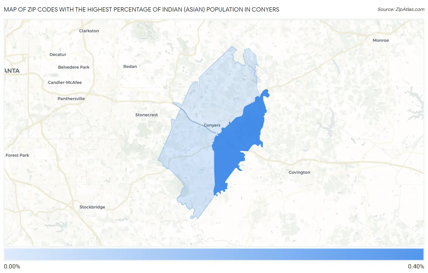 Zip Codes with the Highest Percentage of Indian (Asian) Population in Conyers Map