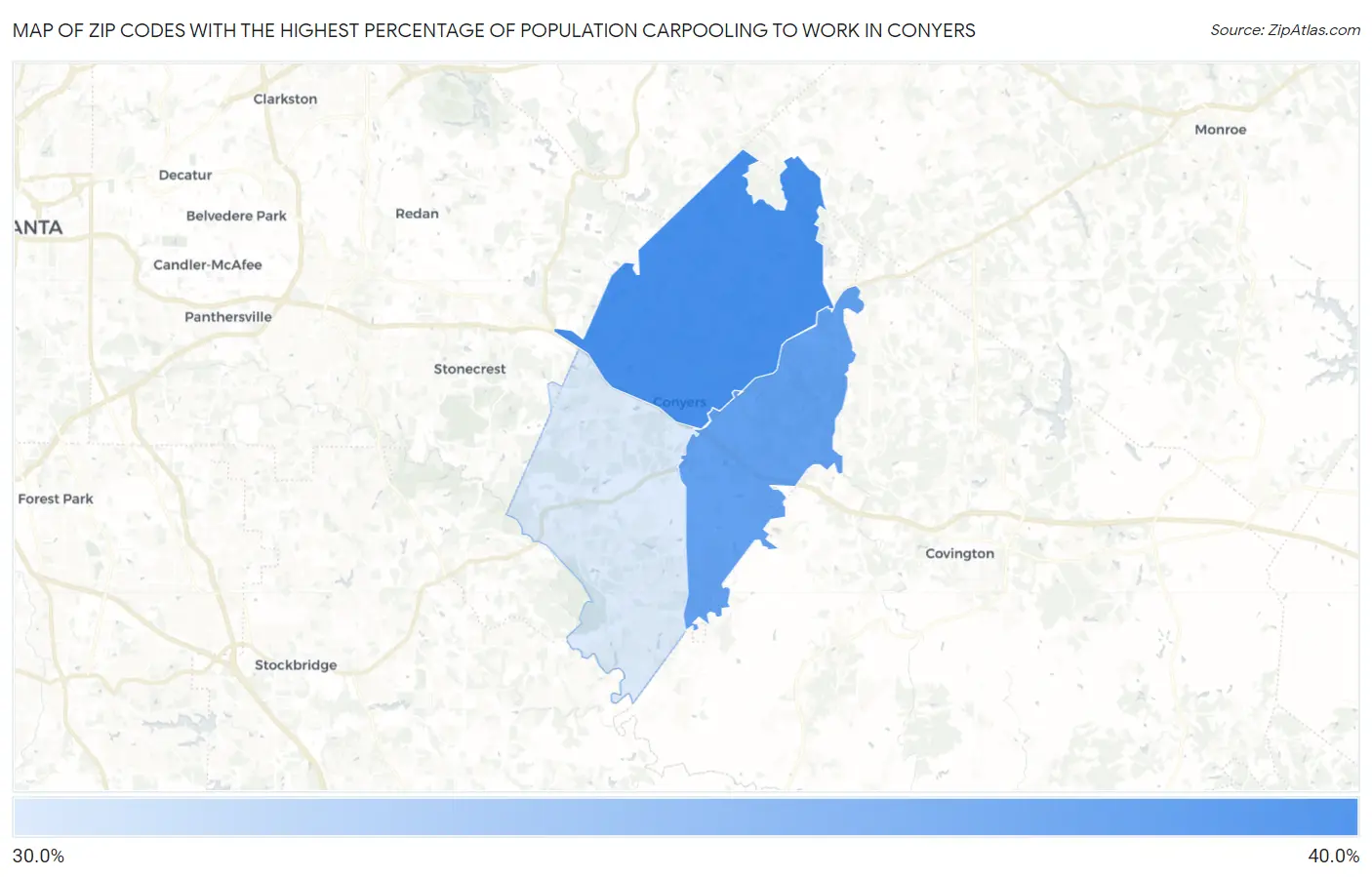 Zip Codes with the Highest Percentage of Population Carpooling to Work in Conyers Map