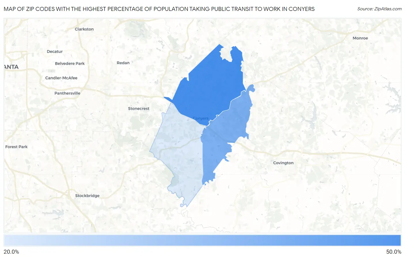 Zip Codes with the Highest Percentage of Population Taking Public Transit to Work in Conyers Map