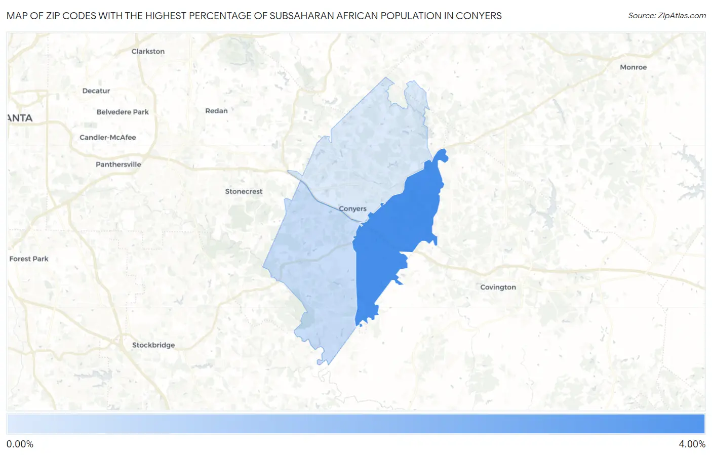 Zip Codes with the Highest Percentage of Subsaharan African Population in Conyers Map