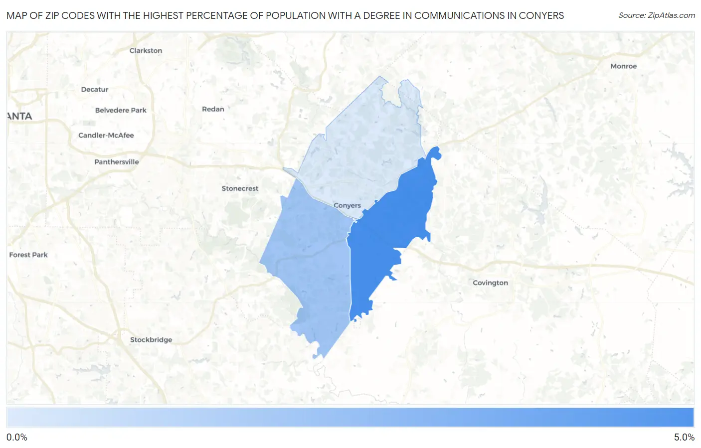 Zip Codes with the Highest Percentage of Population with a Degree in Communications in Conyers Map