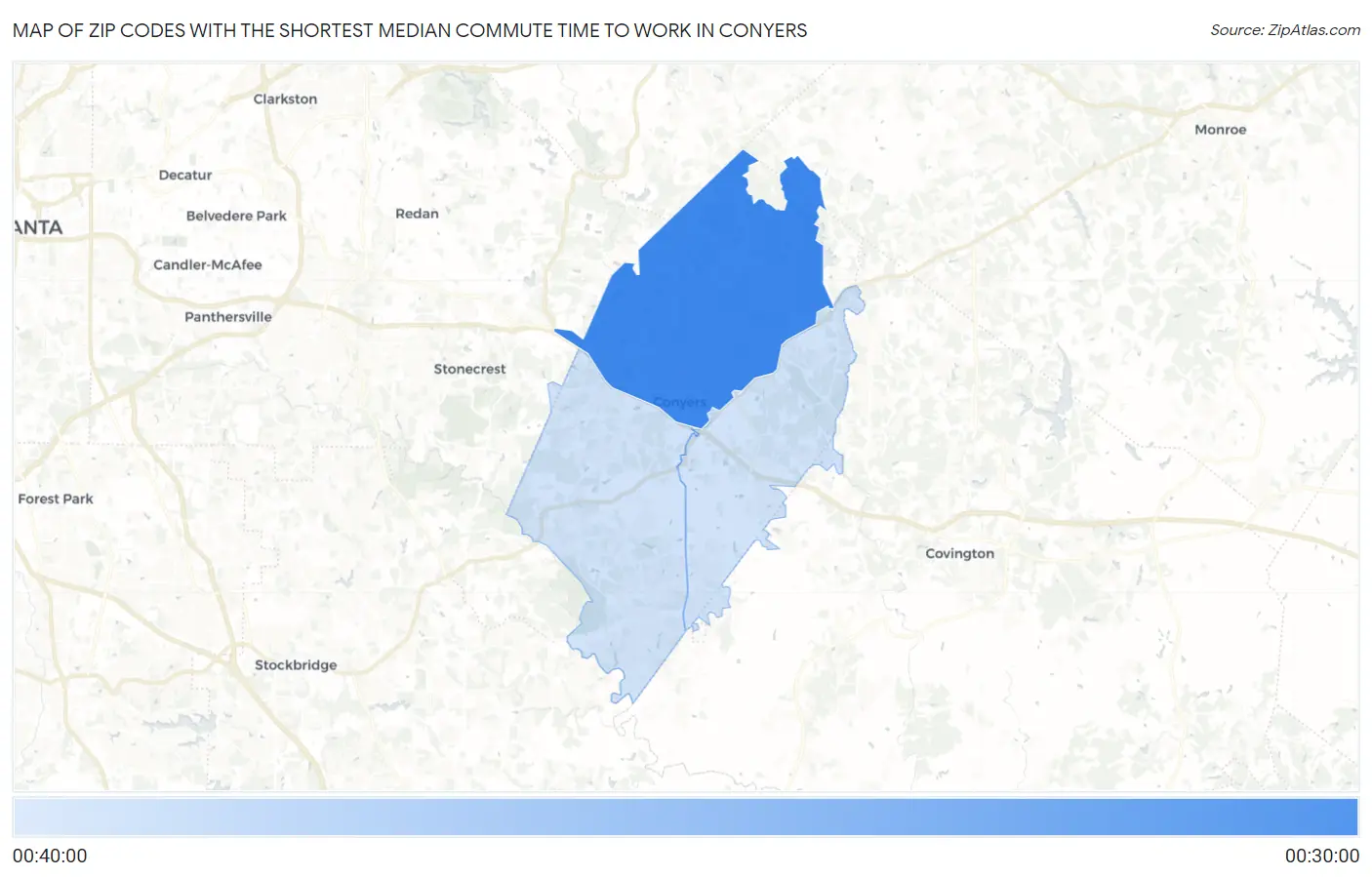 Zip Codes with the Shortest Median Commute Time to Work in Conyers Map