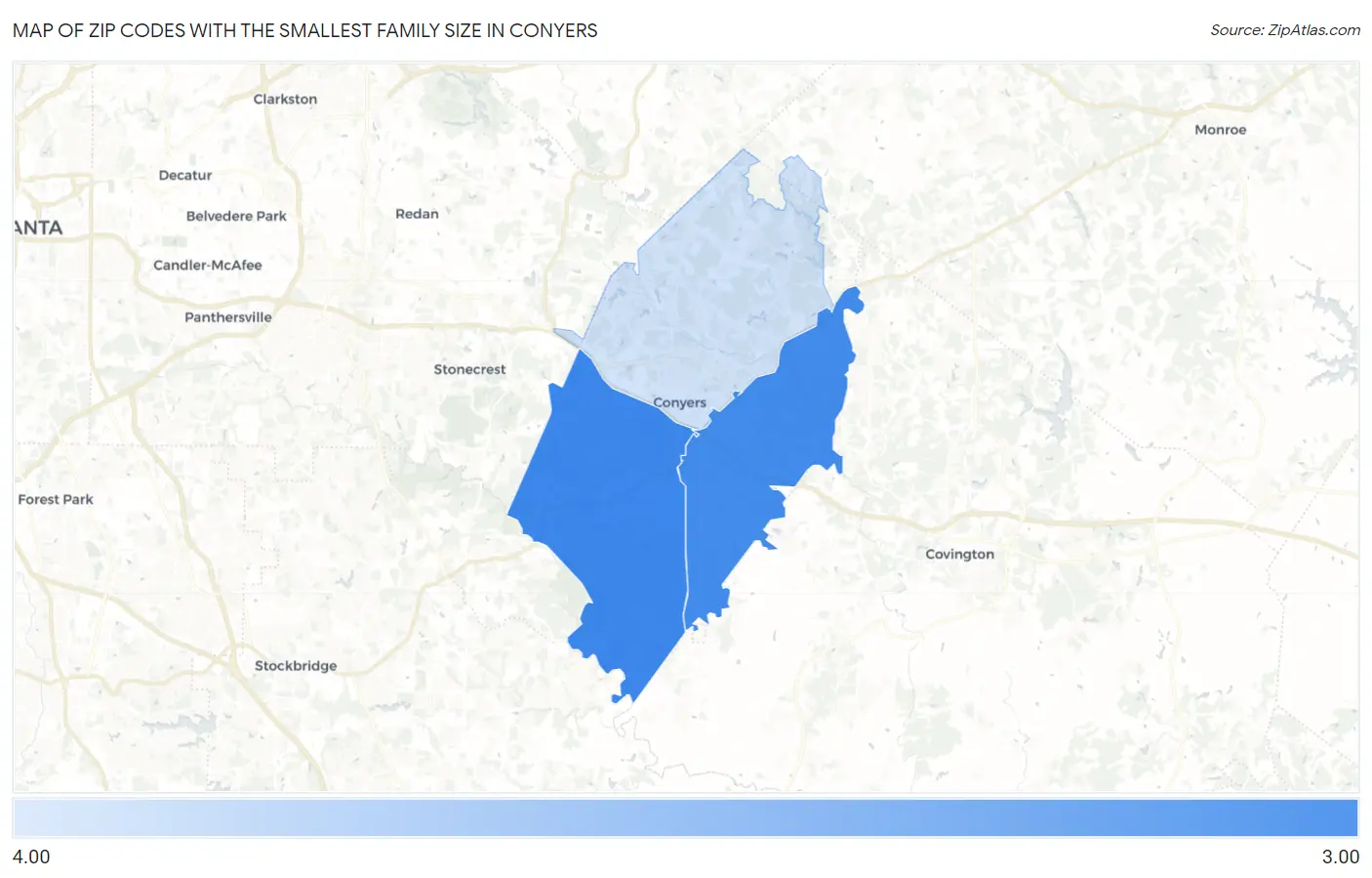 Zip Codes with the Smallest Family Size in Conyers Map
