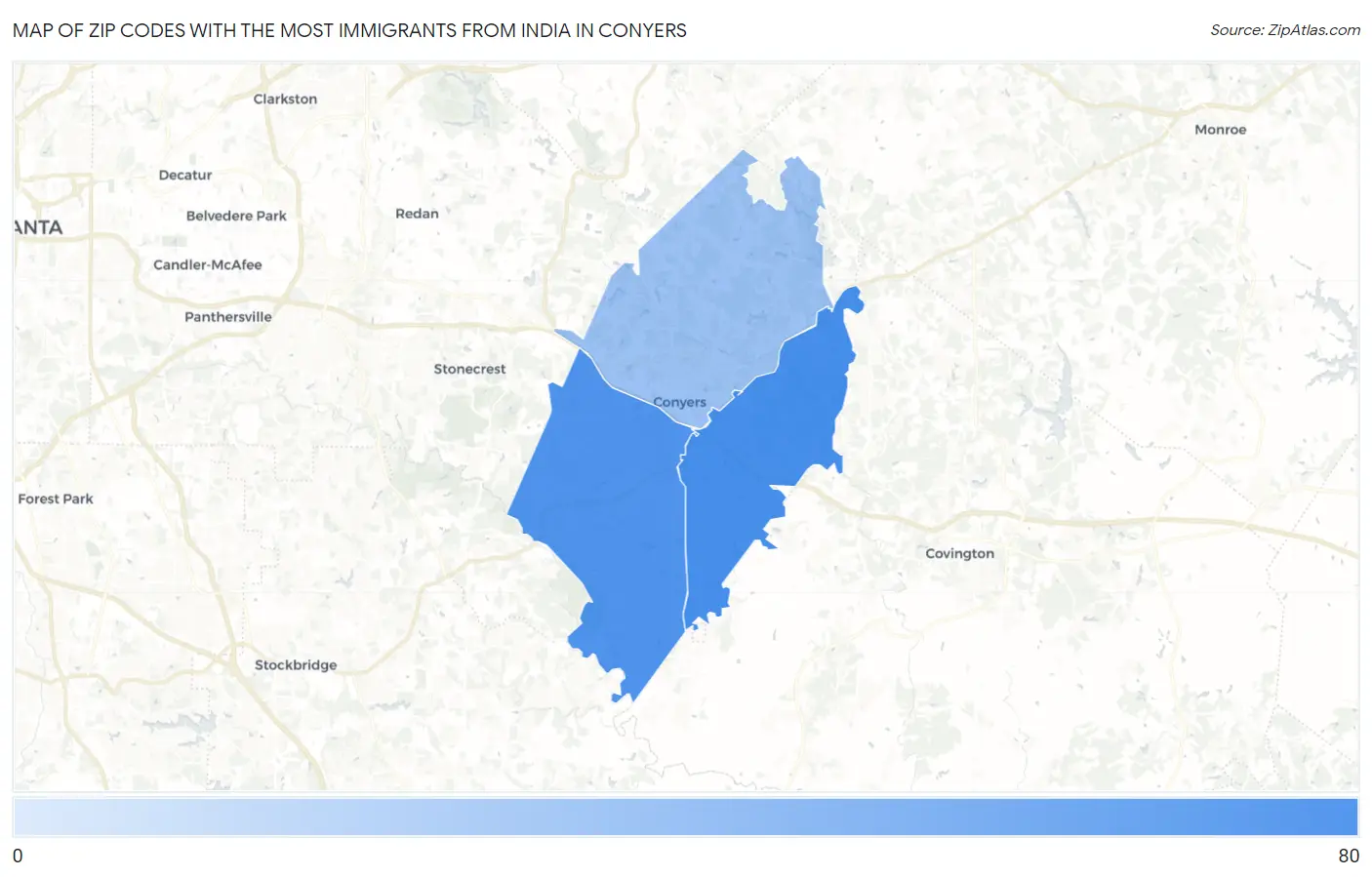 Zip Codes with the Most Immigrants from India in Conyers Map