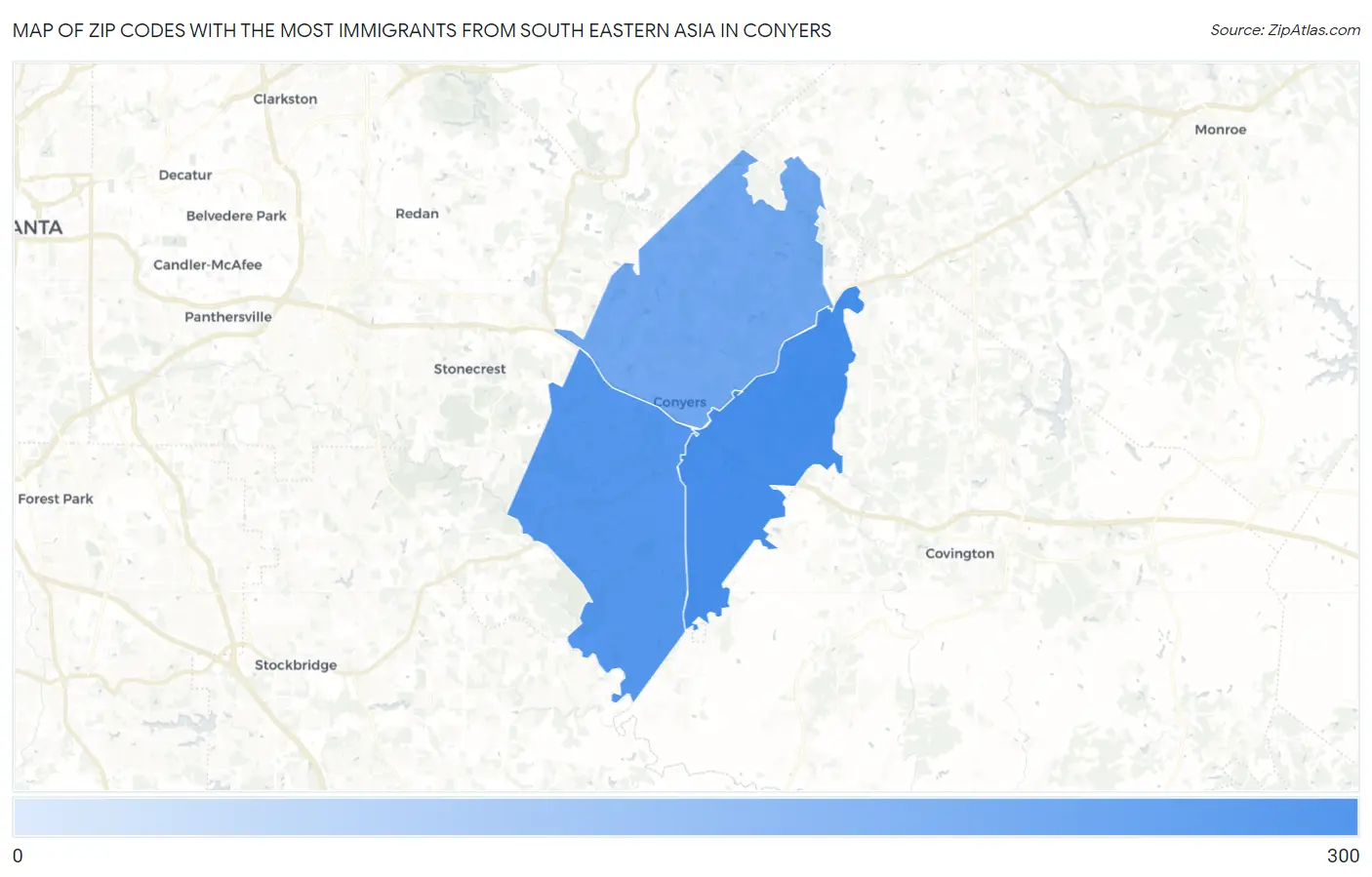 Zip Codes with the Most Immigrants from South Eastern Asia in Conyers Map