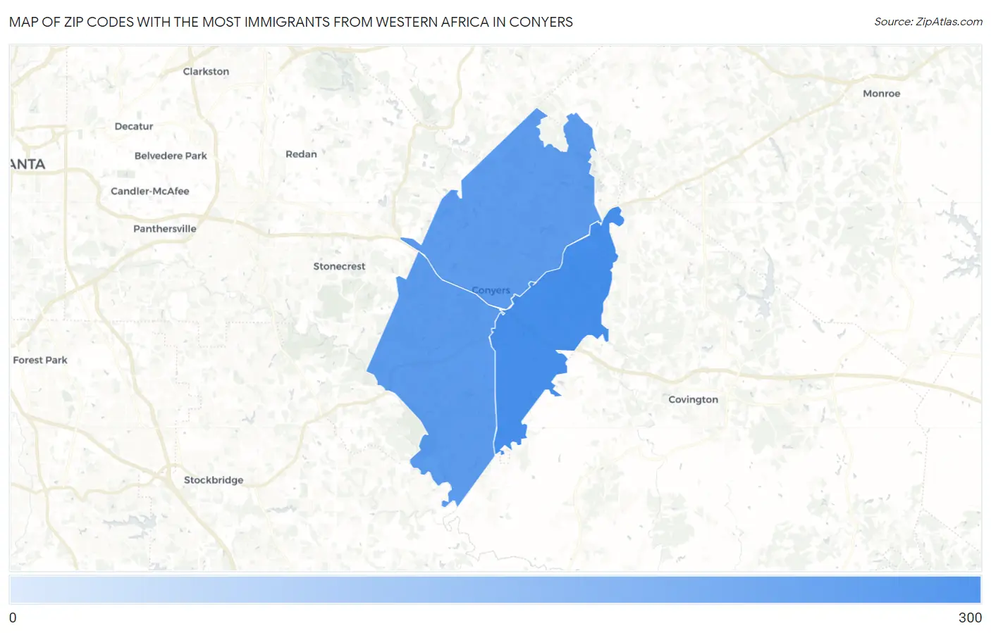 Zip Codes with the Most Immigrants from Western Africa in Conyers Map
