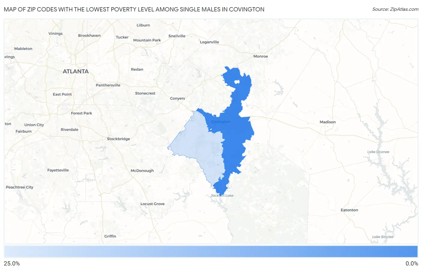 Zip Codes with the Lowest Poverty Level Among Single Males in Covington Map