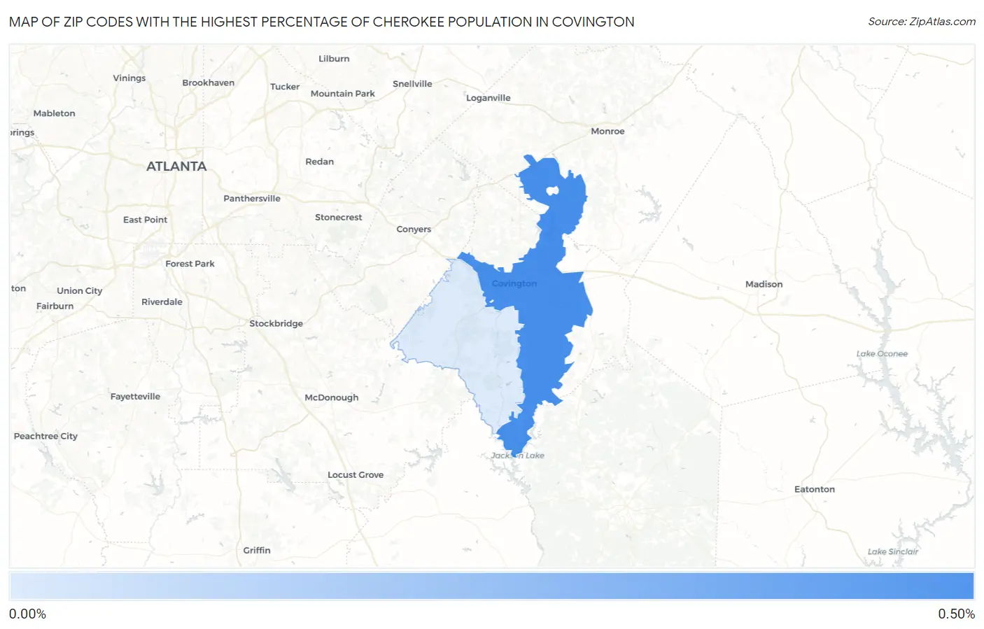 Zip Codes with the Highest Percentage of Cherokee Population in Covington Map