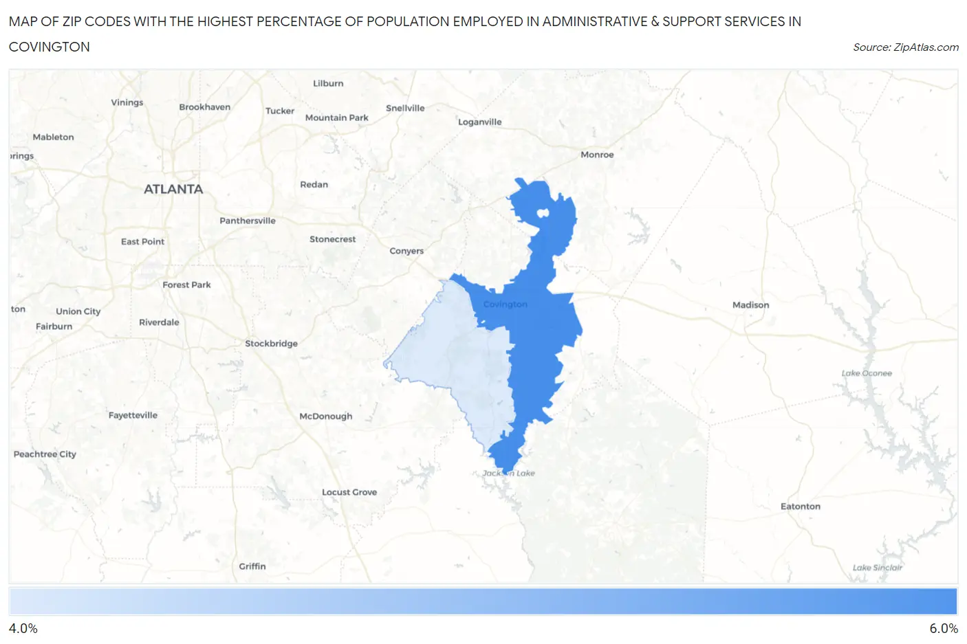 Zip Codes with the Highest Percentage of Population Employed in Administrative & Support Services in Covington Map