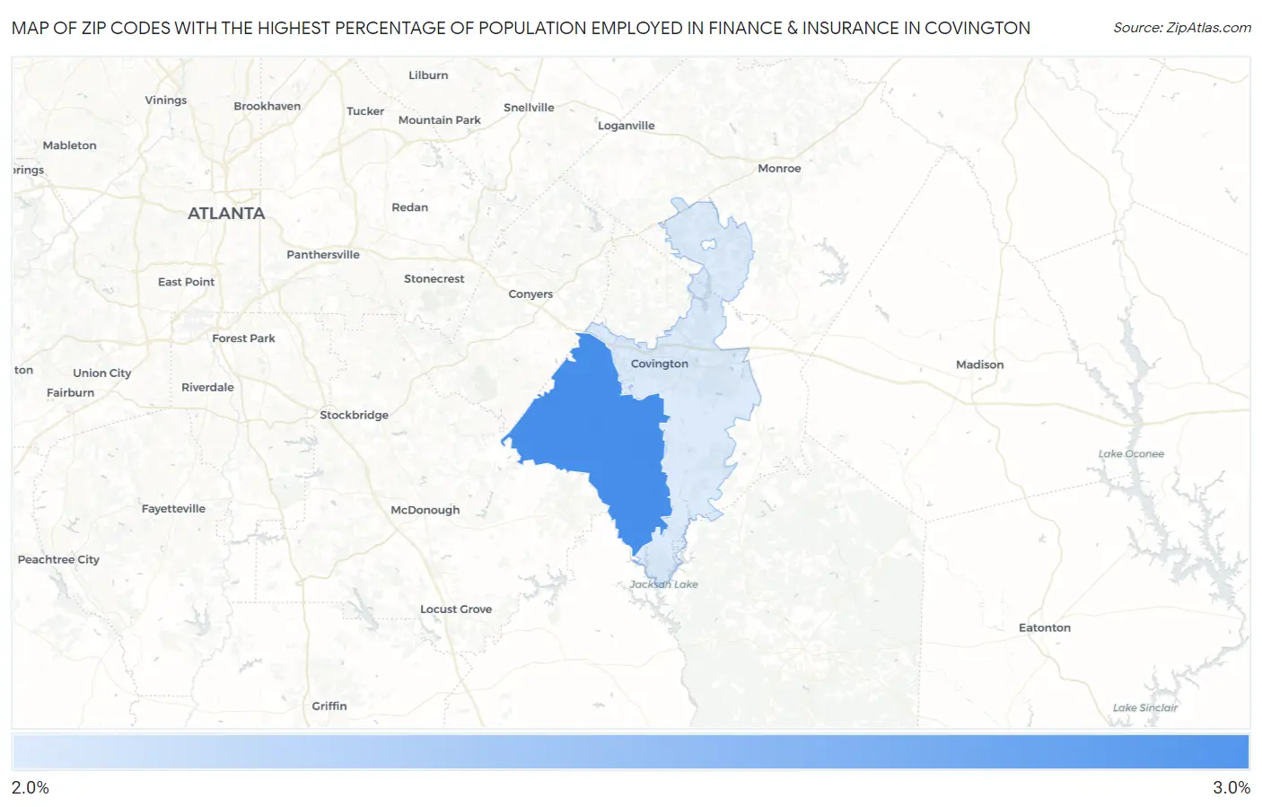 Zip Codes with the Highest Percentage of Population Employed in Finance & Insurance in Covington Map