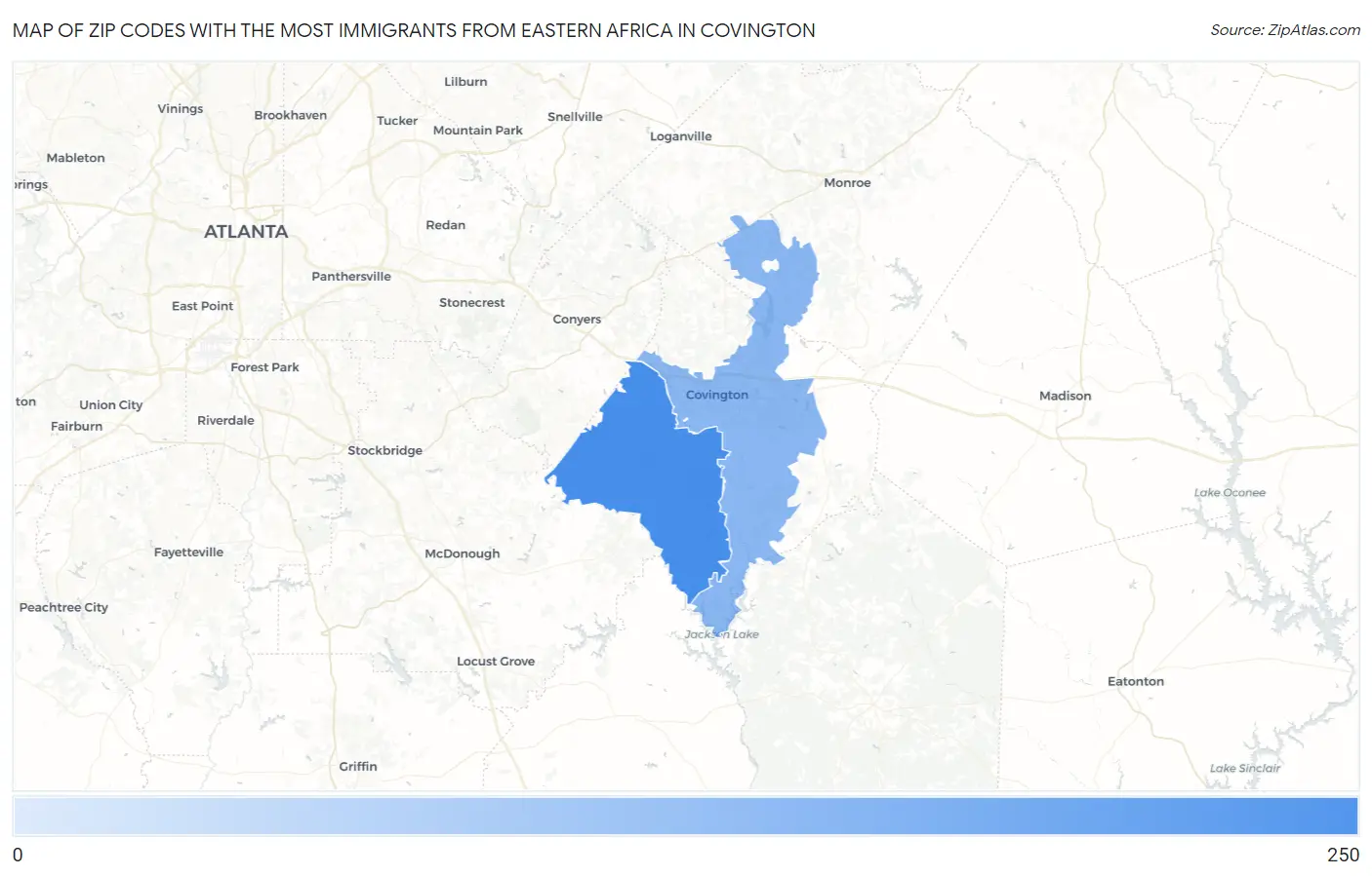 Zip Codes with the Most Immigrants from Eastern Africa in Covington Map