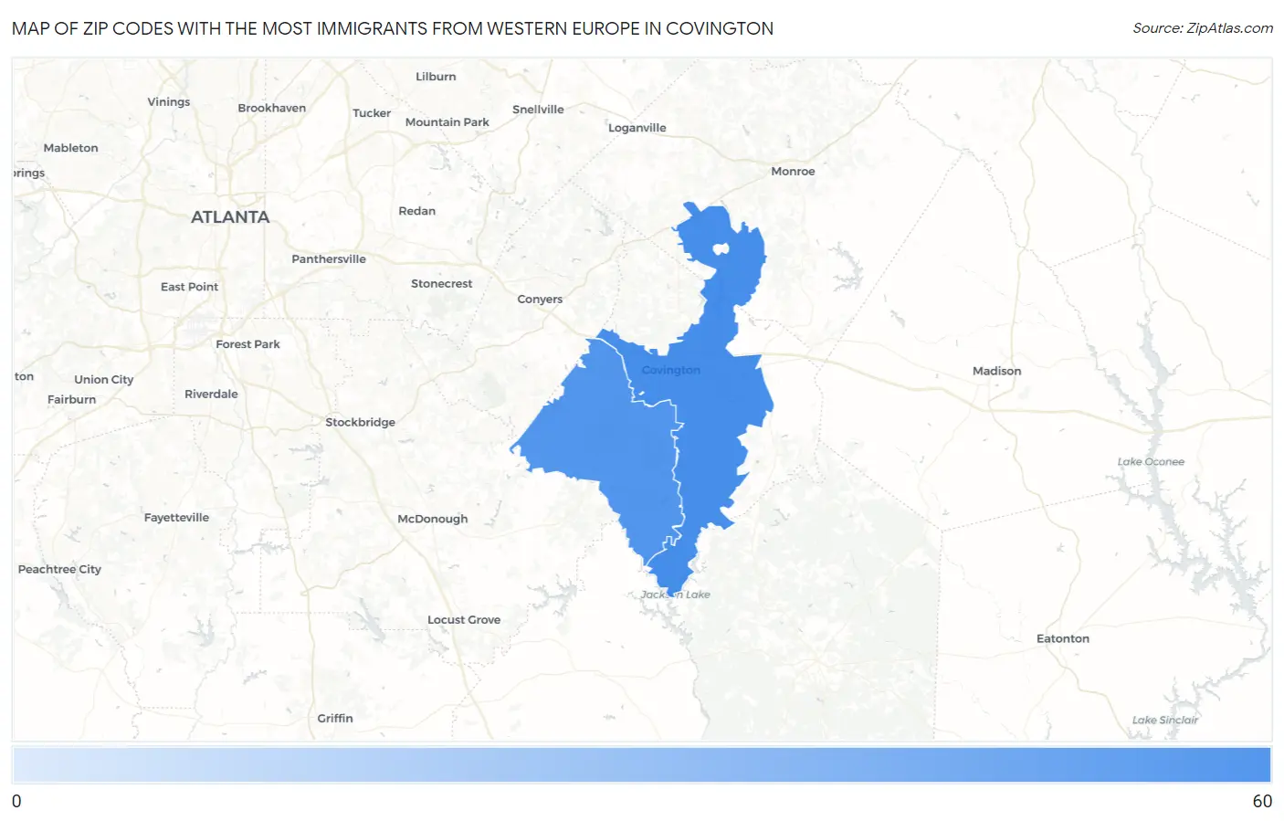 Zip Codes with the Most Immigrants from Western Europe in Covington Map