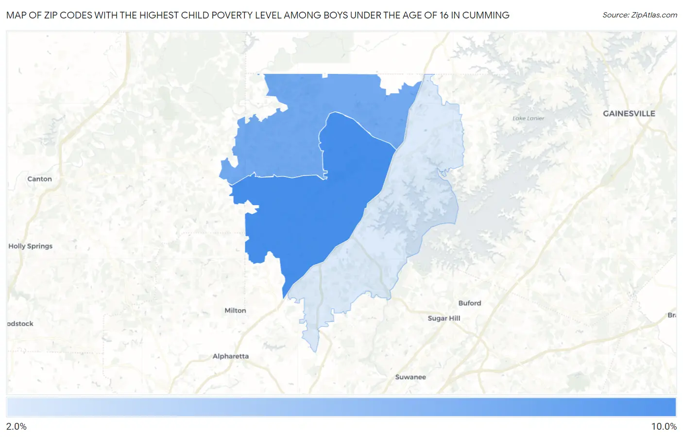 Zip Codes with the Highest Child Poverty Level Among Boys Under the Age of 16 in Cumming Map