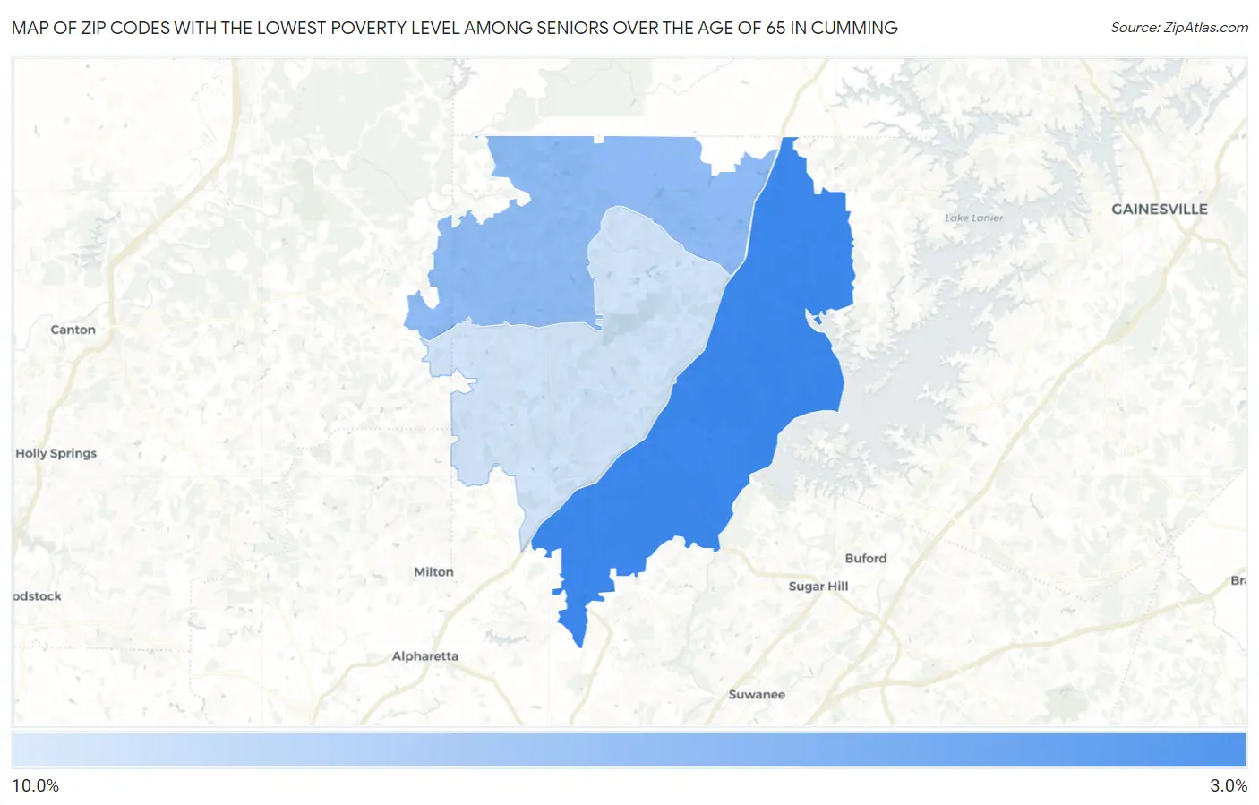 Zip Codes with the Lowest Poverty Level Among Seniors Over the Age of 65 in Cumming Map