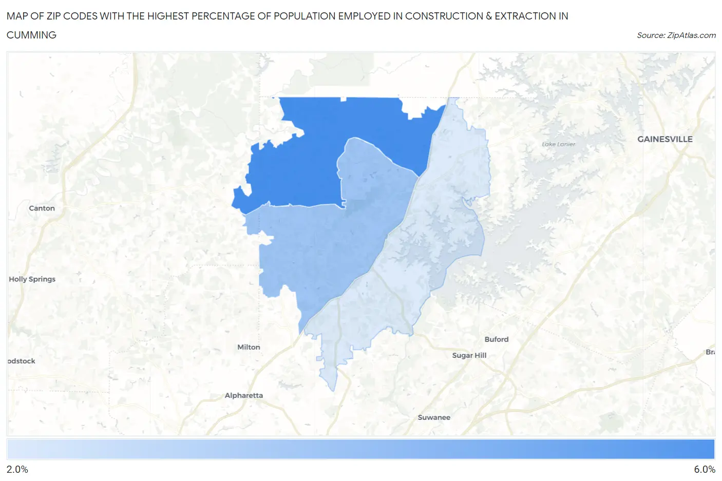 Zip Codes with the Highest Percentage of Population Employed in Construction & Extraction in Cumming Map