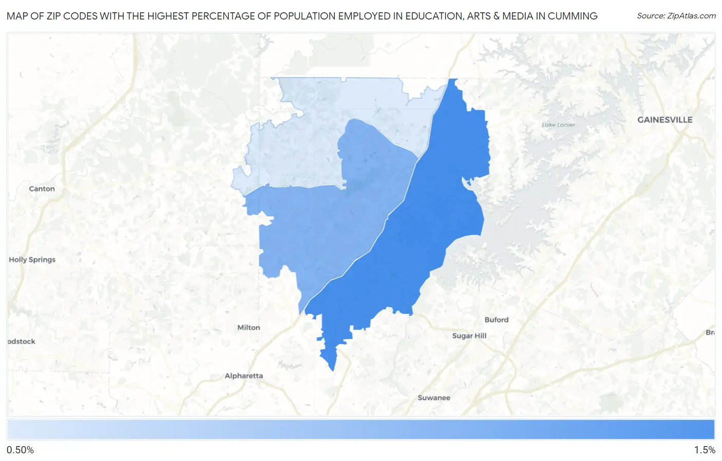 Zip Codes with the Highest Percentage of Population Employed in Education, Arts & Media in Cumming Map