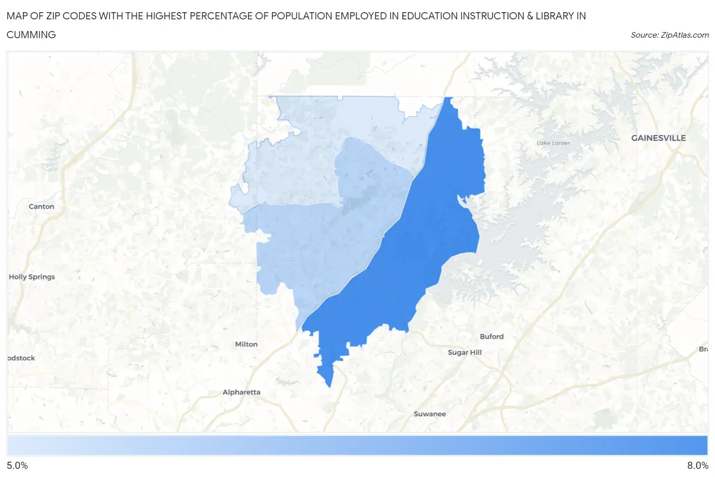 Zip Codes with the Highest Percentage of Population Employed in Education Instruction & Library in Cumming Map