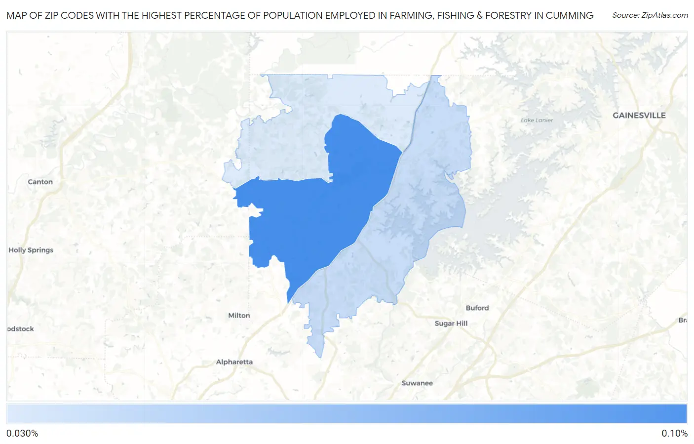Zip Codes with the Highest Percentage of Population Employed in Farming, Fishing & Forestry in Cumming Map