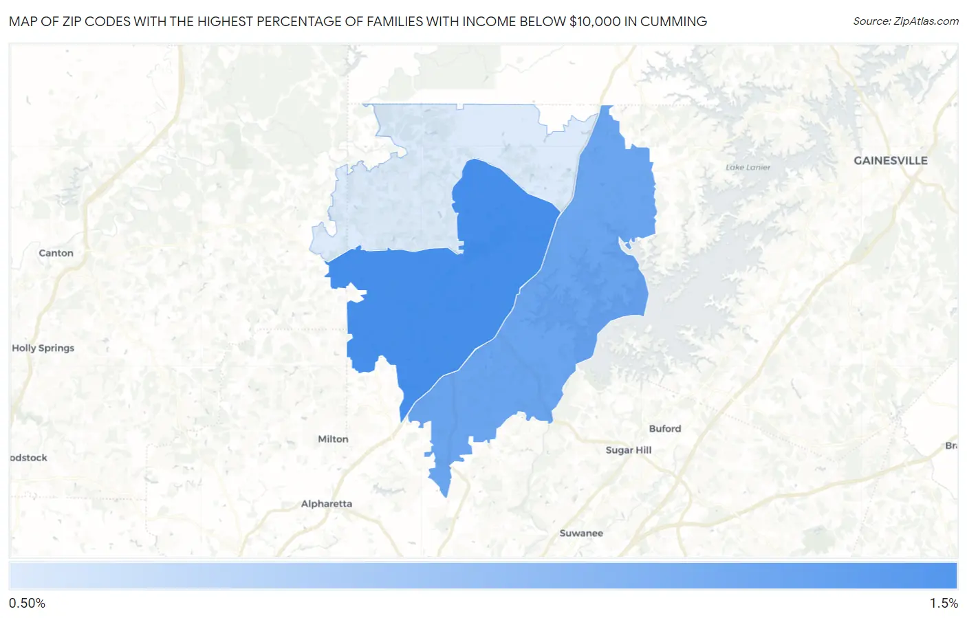 Zip Codes with the Highest Percentage of Families with Income Below $10,000 in Cumming Map